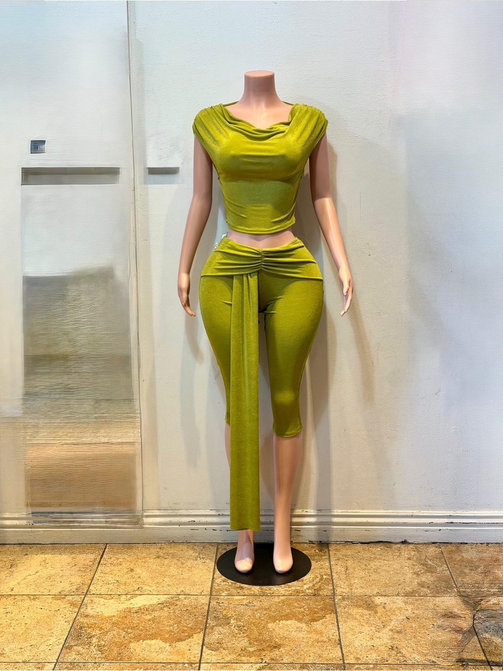 Women's Olive Green Draped Crop Top & High-Waist Capris Set